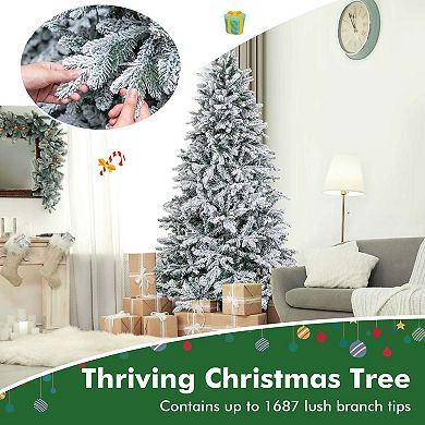 Costway 4.5FT/6FT/7 FT Pre-Lit Flocked Christmas Tree Hinged w/ 120/260/300 LED Lights