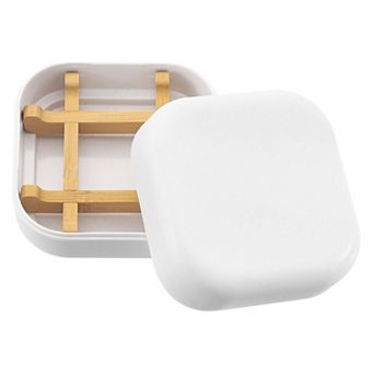 2 pc Wooden Soap Holder, Detachable Self Draining Square Round Angle Soap Dishes with Lid
