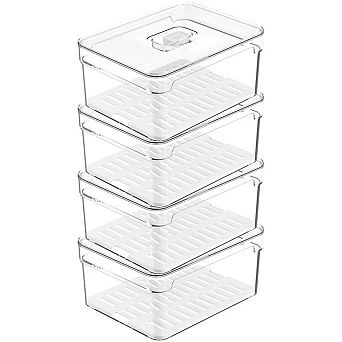 OU Fridge Organizer Bins with Vented Lid, Clear Stackable Refrigerator Container, BPA Free, 4 Pack