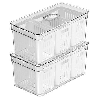 OU Fridge Organizer Bins with Triple Drain Baskets & Vented Lids, Clear Produce Kitchen Storage Bin