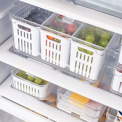 OU Fridge Organizer Bins with Triple Drain Baskets & Vented Lids, Clear Produce Kitchen Storage Bin