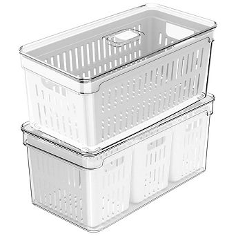 OU Fridge Organizer Bins with Drain Baskets & Vented Lids, BPA Free Refrigerator Kitchen Storage Bin
