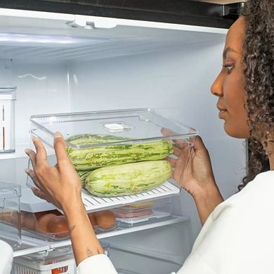 OU Fridge Organizer Bins with Drain Baskets & Vented Lids, BPA Free Refrigerator Kitchen Storage Bin