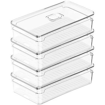 OU Fridge Organizer Bin with Vented Lid, Stackable Refrigerator Storage Bin, 11.8" Depth, 4 Pack