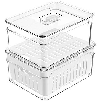 OU Fridge Organizer Bins with Drain Baskets & Vented Lids, Clear Stackable Produce Storage Container