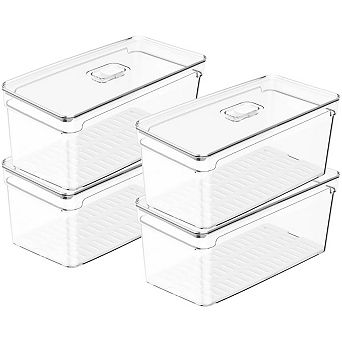 OU Fridge Organizer Bin with Vented Lid, Clear Stackable Refrigerator Storage Container, 4 Pack