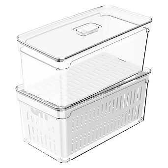 OU Fridge Organizer Bins w Drain Baskets & Vented Lids, Clear Produce Kitchen Storage Bin, BPA Free