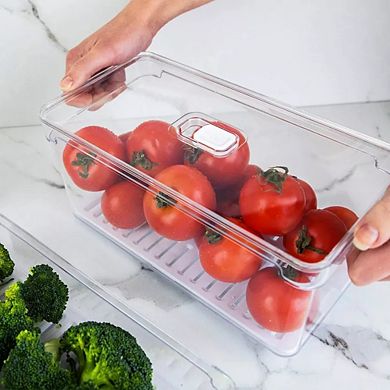 OU Fridge Organizer Bins w Drain Baskets & Vented Lids, Clear Produce Kitchen Storage Bin, BPA Free