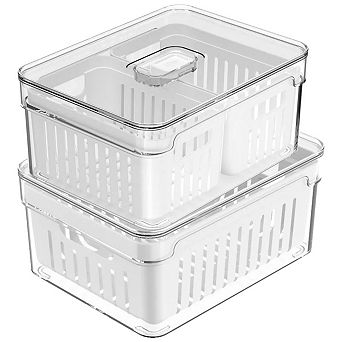 OU Fridge Organizer Bins with Drain Baskets & Vented Lids, Clear Stackable Refrigerator Container