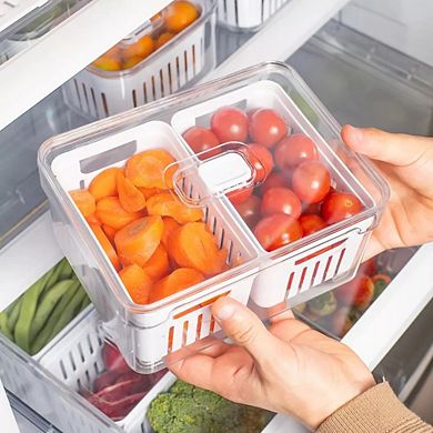 OU Fridge Organizer Bins with Drain Baskets & Vented Lids, Clear Stackable Refrigerator Container