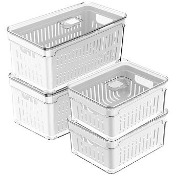 OU Fridge Organizer Bins w Drain Basket & Vented Lid, Clear Refrigerator Storage Container, 4 Pack