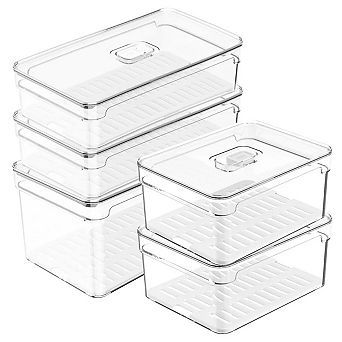 OU Fridge Organizer Set with Lids, Refrigerator Storage Bins with Drainer Tray and Vent Lid, 5 Pack