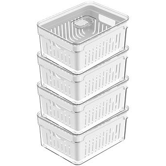 OU Fridge Organizer Bins with Drain Basket & Vented Lid, Clear Refrigerator Storage Bin, 4 Pack