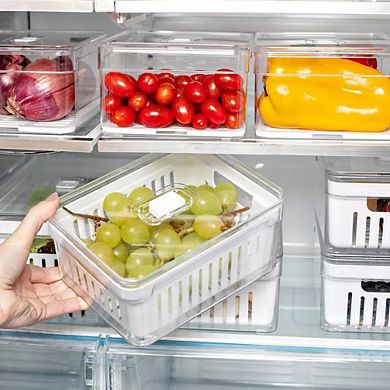 OU Fridge Organizer Bins with Drain Basket & Vented Lid, Clear Refrigerator Storage Bin, 4 Pack