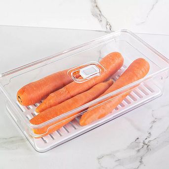 OU Fridge Organizer Bin with Vented Lid, Clear Stackable Refrigerator Storage Bin, 11.8" Depth