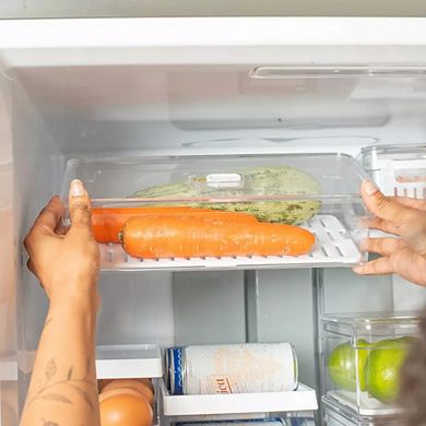 OU Fridge Organizer Bin with Vented Lid, Clear Stackable Refrigerator Storage Bin, 11.8" Depth
