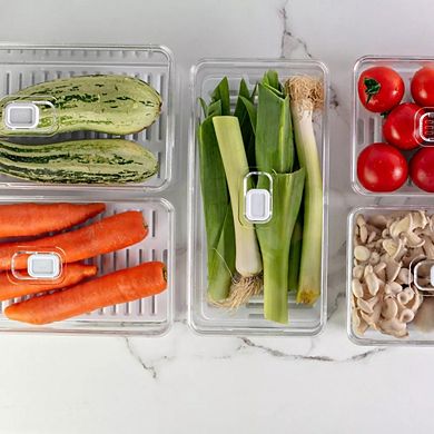 OU Fridge Organizer Bin with Vented Lid, Clear Stackable Refrigerator Storage Bin, 11.8" Depth