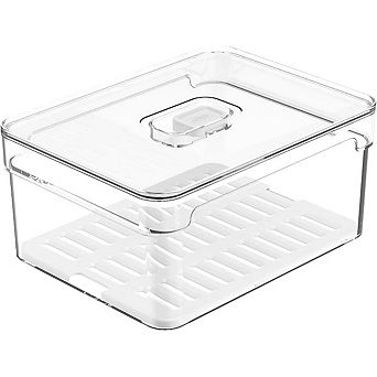 OU Fridge Organizer Bin with Drain Tray & Vented Lid, 2.3-qt Clear Stackable Refrigerator Storage Bin