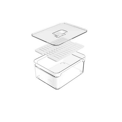 OU Fridge Organizer Bin with Drain Tray & Vented Lid, 2.3qt Clear Stackable Refrigerator Storage Bin