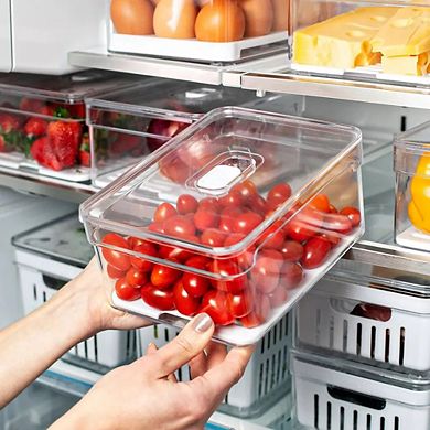 OU Fridge Organizer Bin with Drain Tray & Vented Lid, 2.3qt Clear Stackable Refrigerator Storage Bin