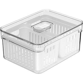 OU Fridge Organizer Bin w Drain Baskets & Vented Lid, 2.3-qt Clear Refrigerator Storage Bin, BPA Free
