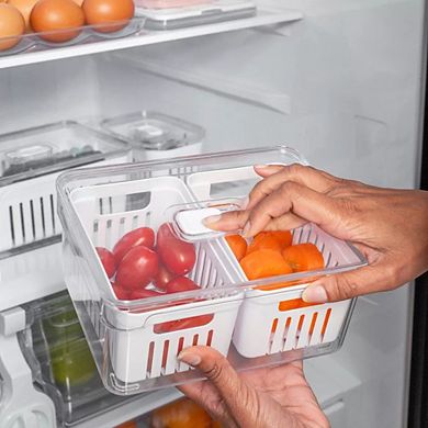 OU Fridge Organizer Bin w Drain Baskets & Vented Lid, 2.3qt Clear Refrigerator Storage Bin, BPA Free