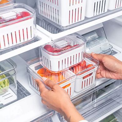 OU Fridge Organizer Bin w Drain Baskets & Vented Lid, 2.3qt Clear Refrigerator Storage Bin, BPA Free