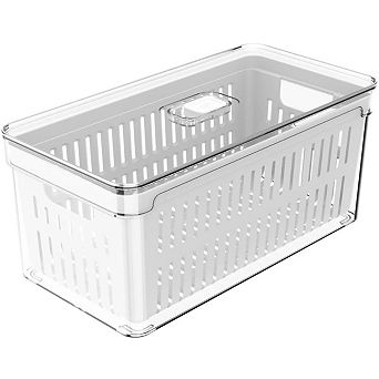 OU Fridge Organizer Bin with Drain Basket & Vented Lid, 5.3-qt Clear Refrigerator Storage Bin