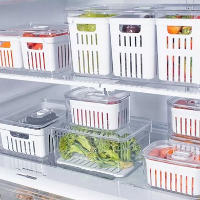 OU Fridge Organizer Bin with Drain Basket & Vented Lid, 5.3qt Clear Refrigerator Storage Bin