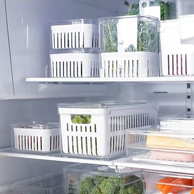 OU Fridge Organizer Bin with Drain Basket & Vented Lid, 5.3qt Clear Refrigerator Storage Bin