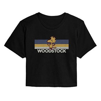 Juniors' Peanuts Woodstock Stripes Retro Cropped Tee