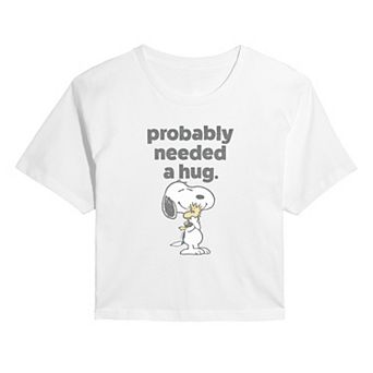 Juniors' Peanuts Snoopy & Woodstock Probably Needed A Hug Cropped Tee