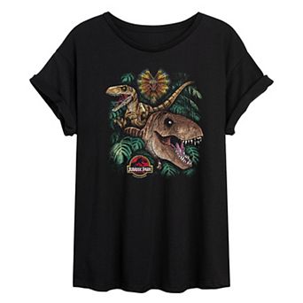 Juniors' Jurassic Park Dinosaur Collage Oversized Tee