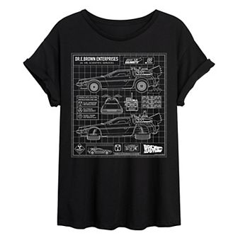 Juniors' Back To The Future DeLorean Schematic Oversized Tee