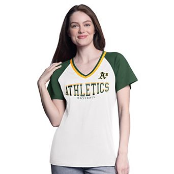 Women's��G-III 4Her by Carl Banks White/Green Athletics Ball Park Raglan V-Neck T-Shirt