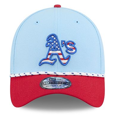 Men's New Era Light Blue/Red Athletics 2025 Fourth of July 39THIRTY Flex Hat