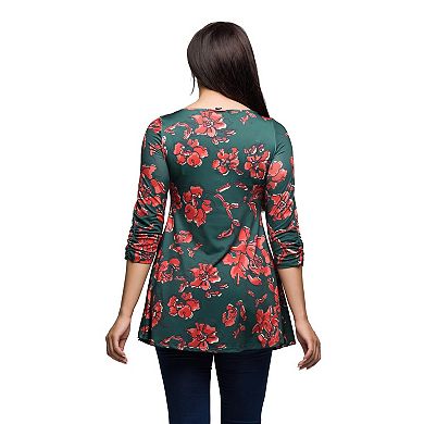 Women's 24Seven Comfort Apparel Floral Print Three Quarter Sleeve Tunic Top