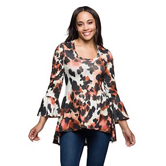 Women's 24Seven Comfort Apparel Animal Print Scoop Neck Bell Sleeve Tunic Top