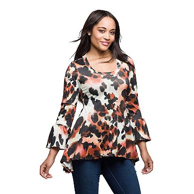 Women's 24Seven Comfort Apparel Animal Print Scoop Neck Bell Sleeve Tunic Top