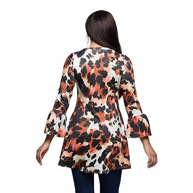 Women's 24Seven Comfort Apparel Animal Print Scoop Neck Bell Sleeve Tunic Top