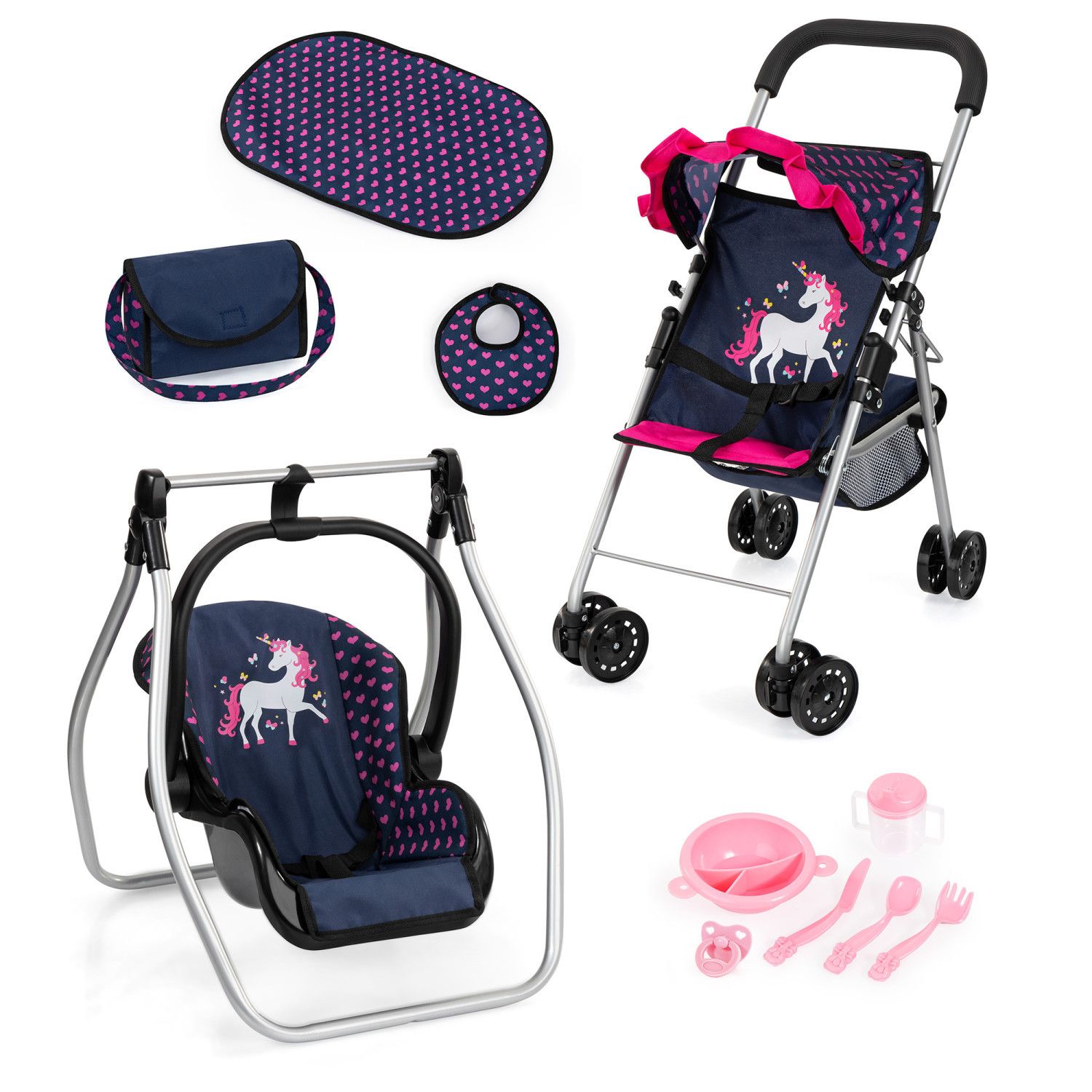 Детские аксессуары для кукол Bayer 11 pc Stroller Set with Swing, Bag, Changing Mat & Feeding Accessories for Dolls — фото 1
