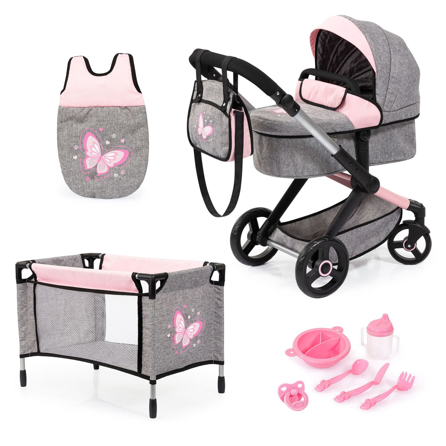 Детские аксессуары для кукол Bayer 10 pc Pram, Bed, Handbag, Feeding & Care Accessories for Dolls Set, цвет: Светлый серый