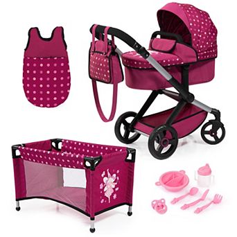 Bayer 10 pc Pram, Bed, Handbag, Feeding & Care Accessories for Dolls Set