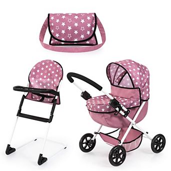 Bayer 3 pc Folding Pram, Highchair & Shoulder Bag Accessory Set for Dolls