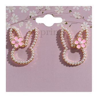 Gold Tone and Pink Simulated Pearl Bunny Drop Earrings