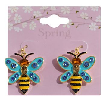 Gold Tone Blue Bee Wing Earrings