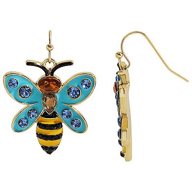 Gold Tone Blue Bee Wing Earrings