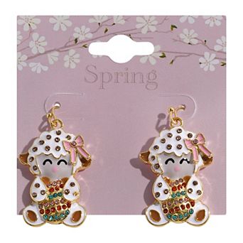 Gold Tone Baby Lamb Holding Egg Earrings