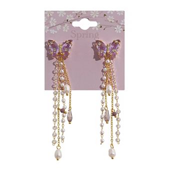 Gold Tone and Beaded Linear Butterfly Earrings