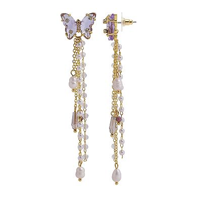 Gold Tone and Beaded Linear Butterfly Earrings